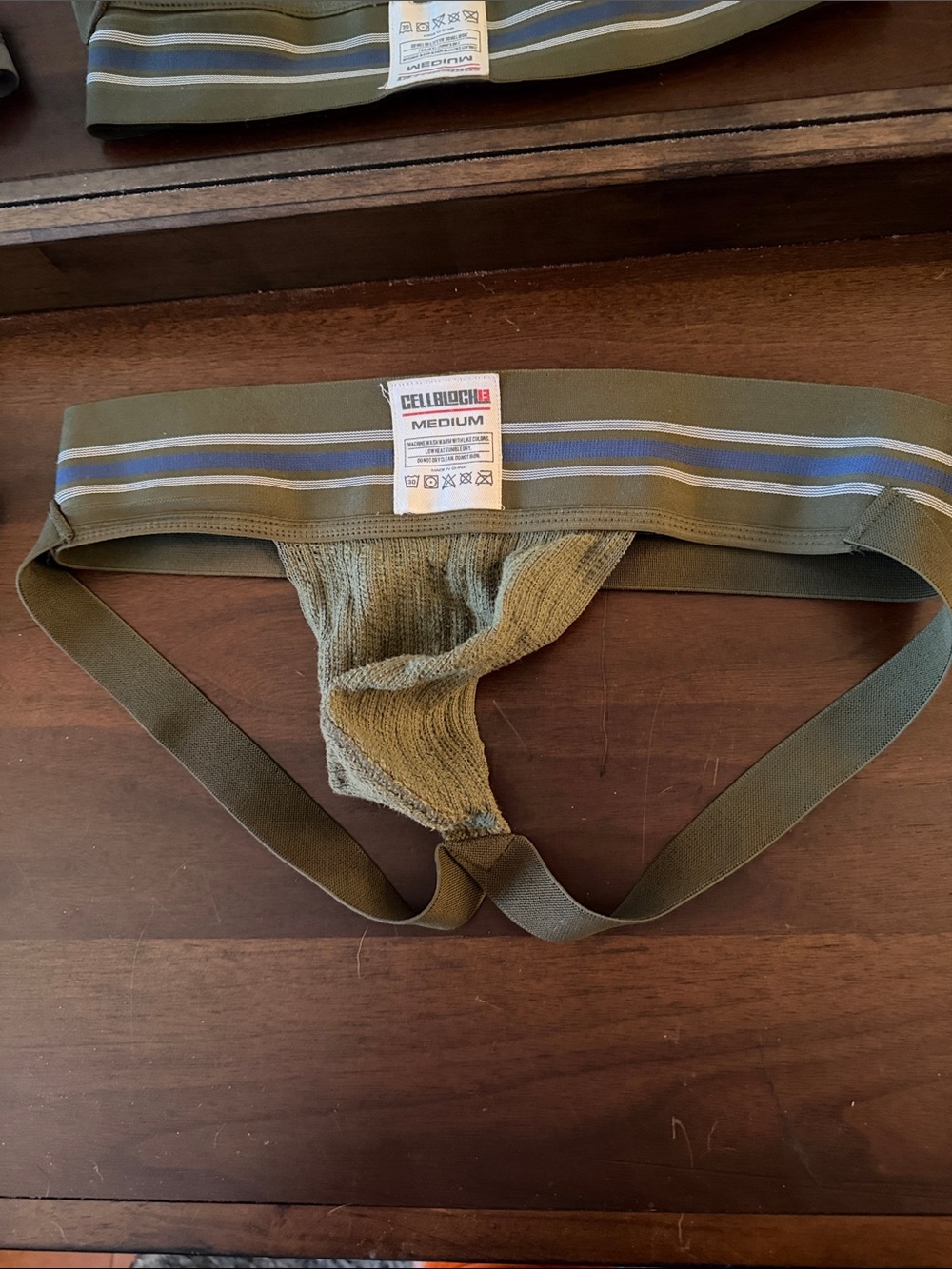 Olive Green Men's Brief with Striped Waistband - Medium